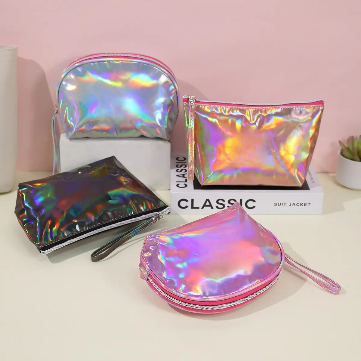 Aesthetic Laser Makeup Bag for Women, Holographic Cosmetic Pouch with Zipper, Waterproof Travel Toiletry Organizer Large Capacity Portable Beauty Storage Bag for Vacation, Business Trips, Daily Makeup Essentials