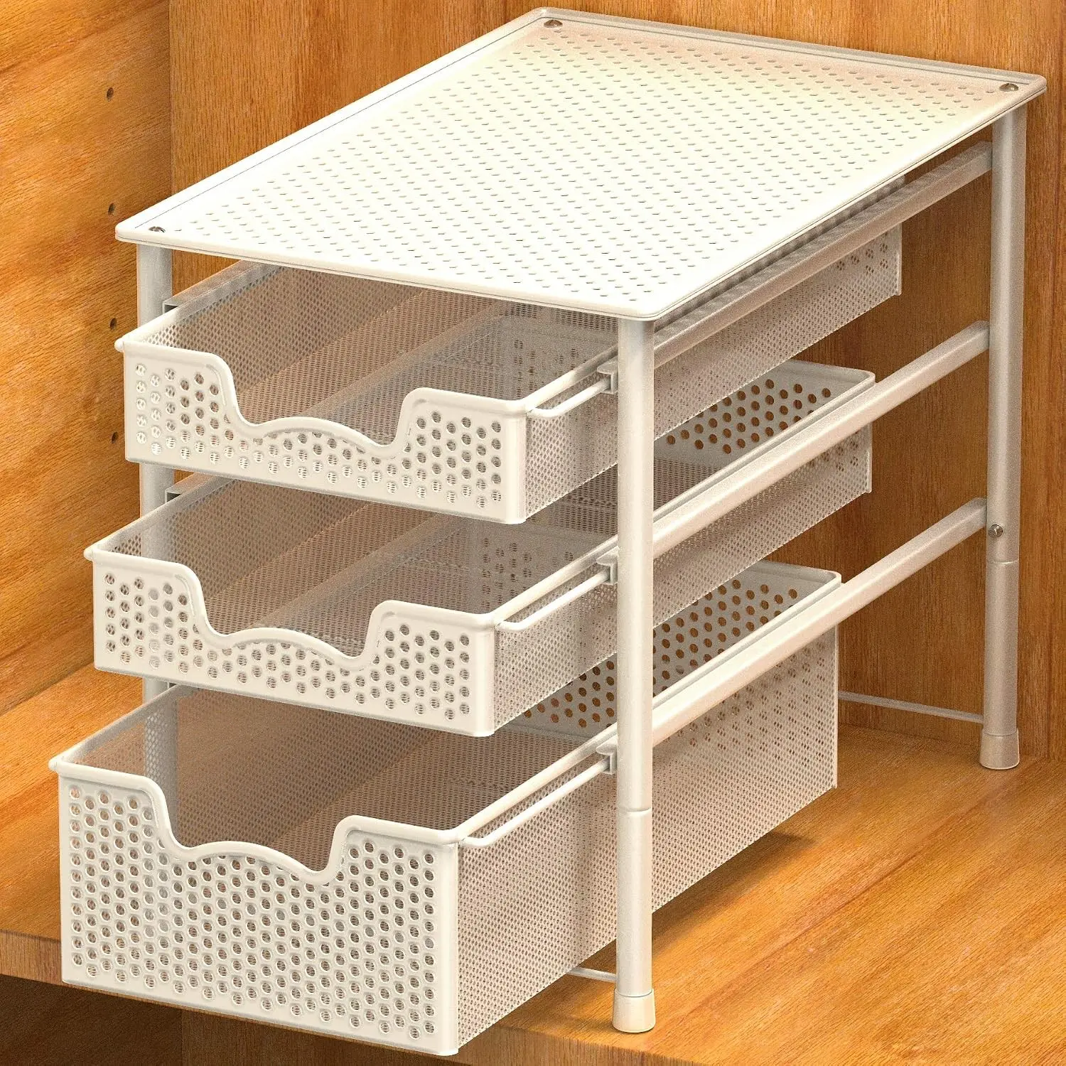 3 Tier White Alloy Steel Sliding Basket Organizer Drawer Cabinet