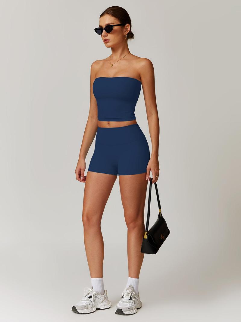Women's Solid Color Crop Tube Top & Shorts Sportswear Set - Casual Comfy Breathable Two-piece Outfits for Yoga Gym Workout Running Ladies Sportswear for All Seasons Athletic