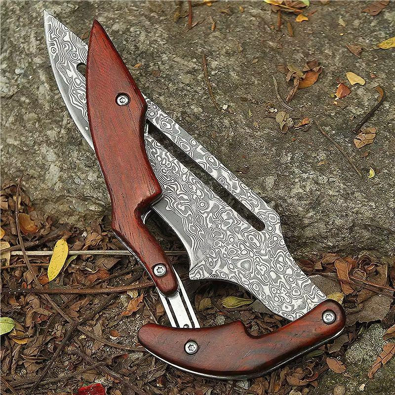 Damascus Steel Folding Knife with Wood Handle - Mechanical Magic Pocket Knife| Kitchen Peeling Tool & Unique Gift