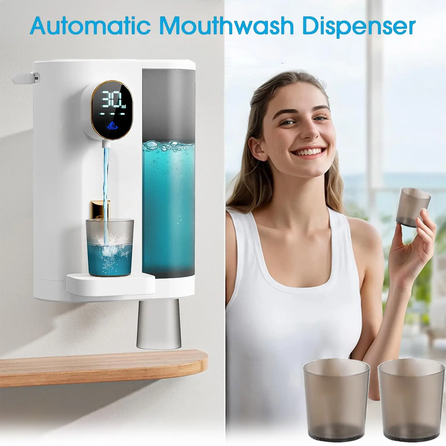 Electric Mouthwash Dispenser 600ML, Desktop/wall-Mounted, LED Display, Magnetic Cups, Touch Control, Bathroom Installation