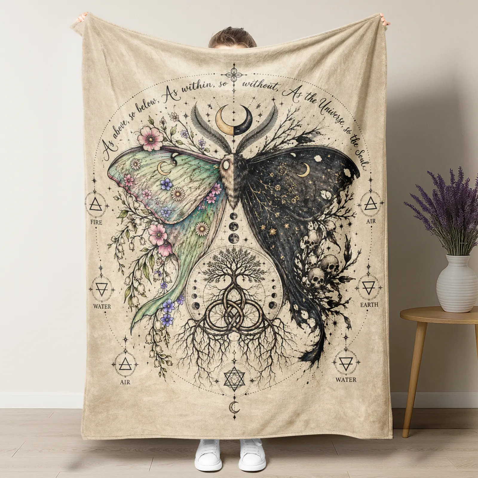 Mystical Luna Moth & Tree of Life Witchy Throw Blanket, Soft Plush Occult Gothic Fleece Blanket with Four Elements, Celestial Wiccan Room Decor Blanket for Living Room Bedding