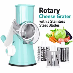 MIUVA Rotary cheese grater, manual roller slicer, vegetable grater with 3 stainless steel blades; also suitable for grating carrots and chopping nuts; a kitchen gadget for salad and meal preparation