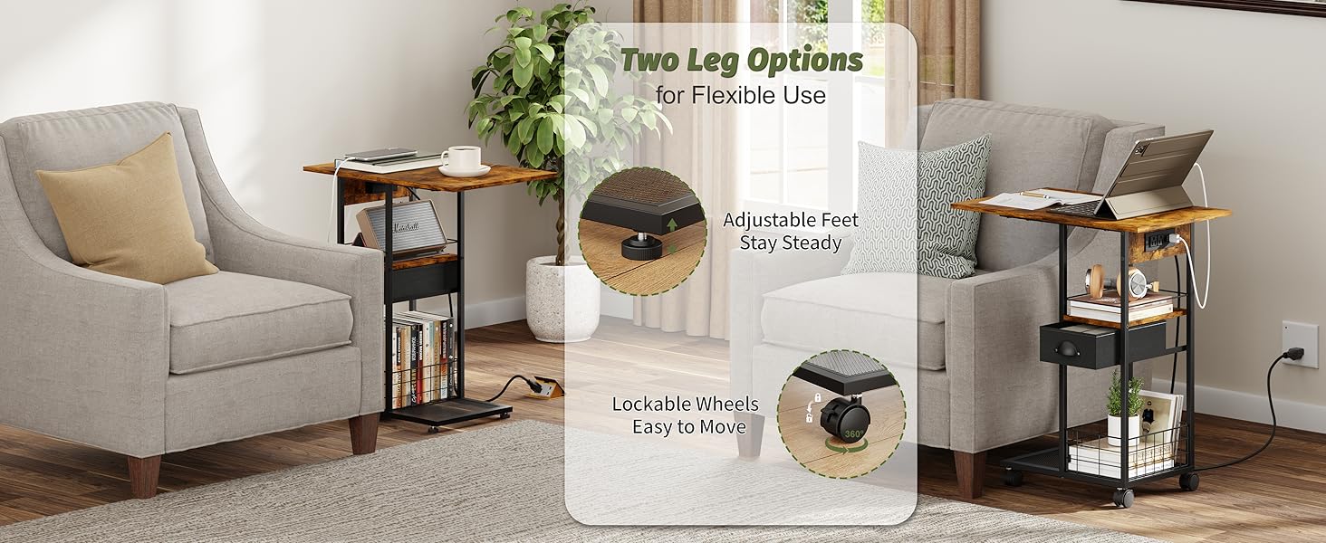 C-Shaped Side Table with Charging Station, Night Stand with Type-C & USB Port and Outlet for Bedroom, Spacious Coffee Table with Wheels for Living Room, Home Office, Small Space