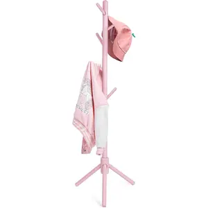 Kid's Adjustable Height Freestanding Coat Rack Stand Beech Wood Clothes Tree with 9 Hooks for Kids, Hold Jackets Hats Handbags, Easy Assembly for Hallway Entryway Bedroom Pink