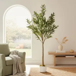4.4 Ft Artificial Olive Tree Faux Potted Plant with 22 Lifelike Fruits & Speckled Pot, Real Touch Silk Fake Tree for Indoor Home Office Living Room Aesthetic Corner Decor