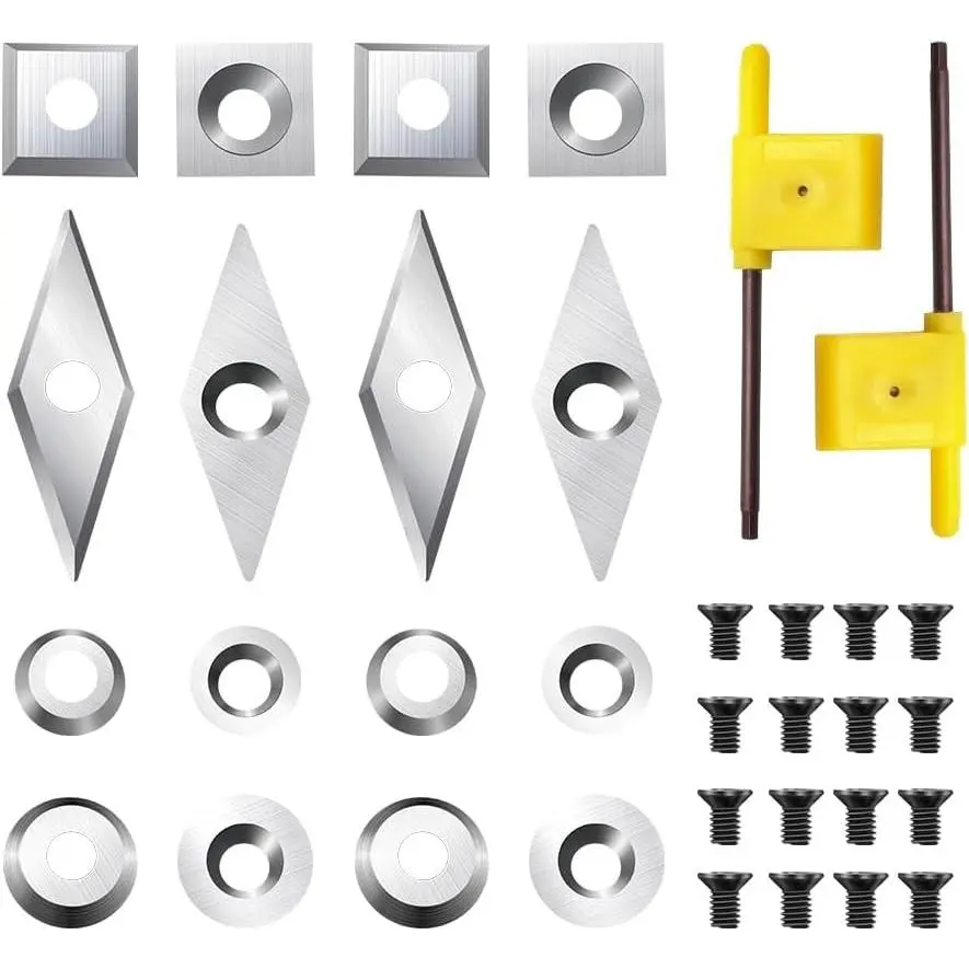 34Pcs Silver Tungsten Carbide Cutters Inserts Set with Screws and Screwdriver, Wood Turning Lathe Tools for Wood Lathe