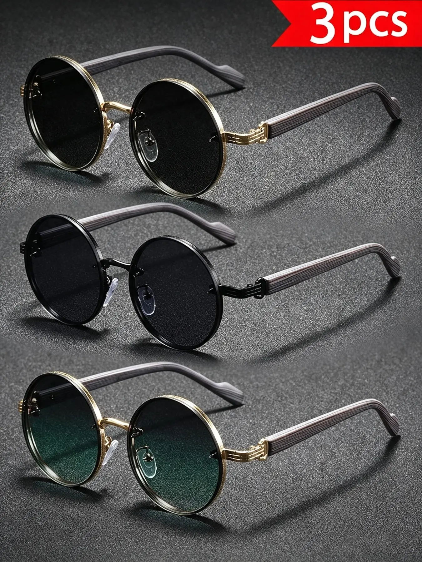 3pcs Steam Punk Men's Casual Outdoor Sunglasses, Vintage Round Metal Frame, Uv400 Protection, Travel, Driving, Sports, Beach, Party, Streetwear