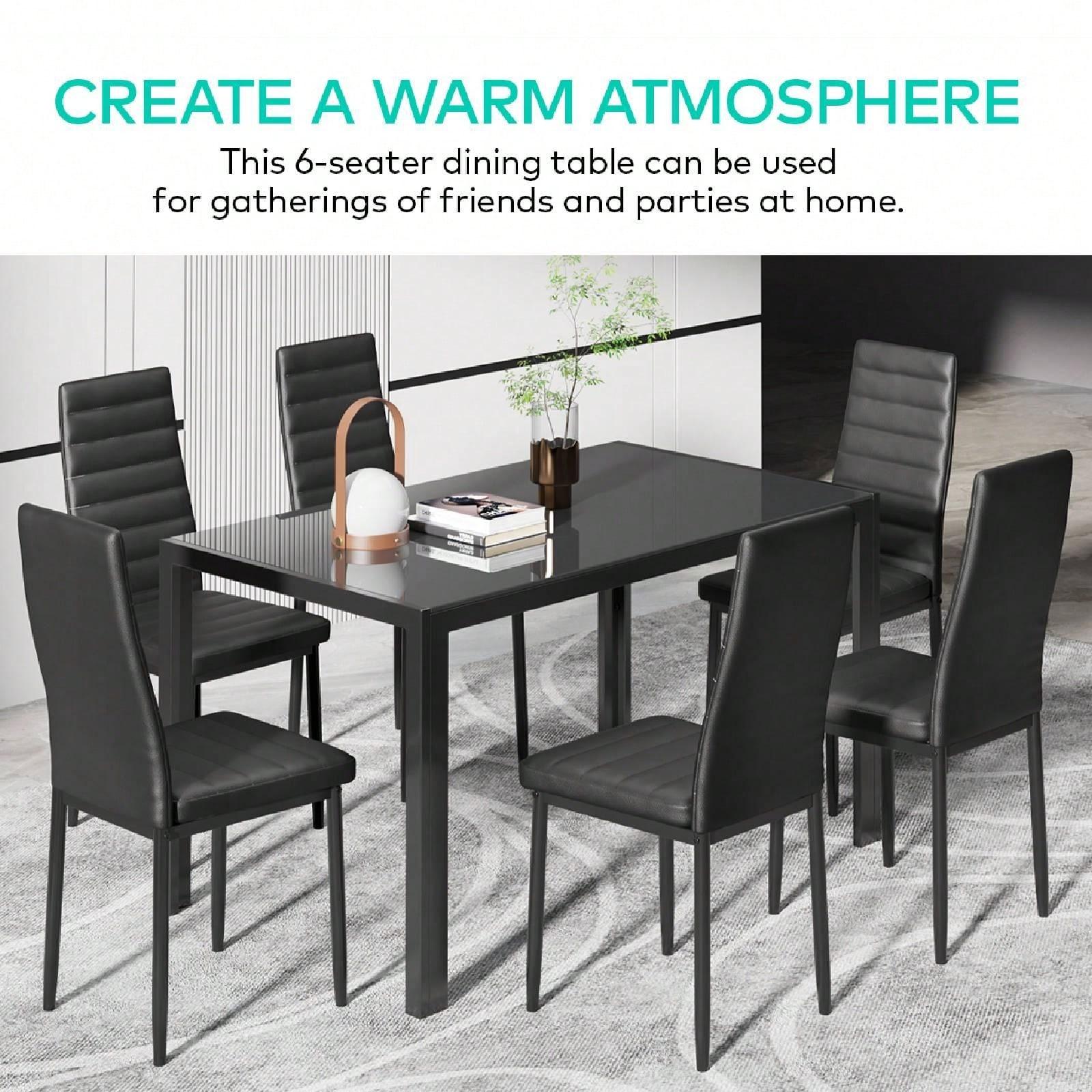 Glass Top Dining Table Set with High Back PU Leather Chairs, Available in 4-Chair & 6-Chair Options, Modern Kitchen & Dining Room Furniture Set, Comfortable Upholstered Chair Set for Living Room Restaurant Home