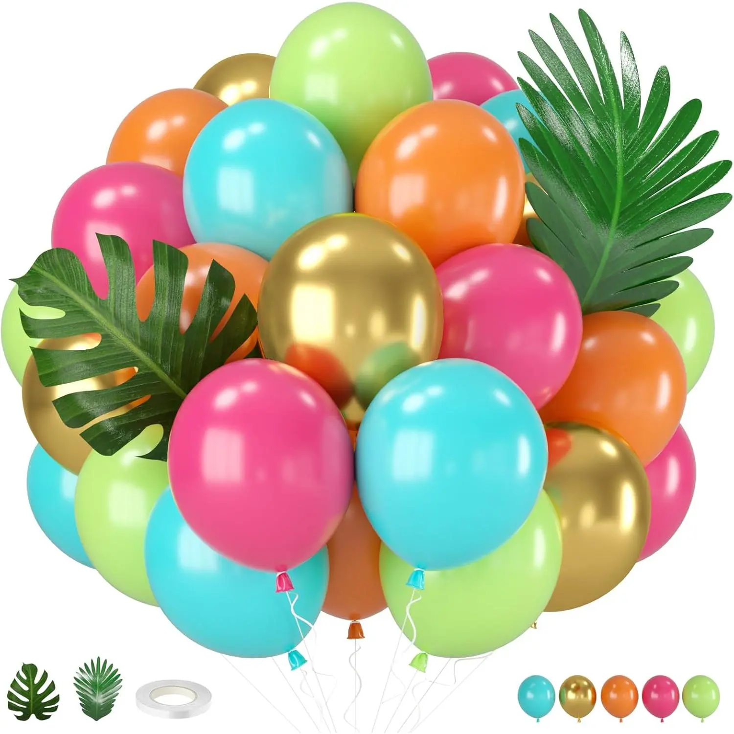 12 In Hawaii Tropical Mix Balloon Set (30 Pieces) - Thick Teal Metallic, Gold, Orange, Pink, Hot Fruit Green with Palm Leaves, Metallic Accents for Luau Parties, Balloon Decor & Bouquets, Thick Latex