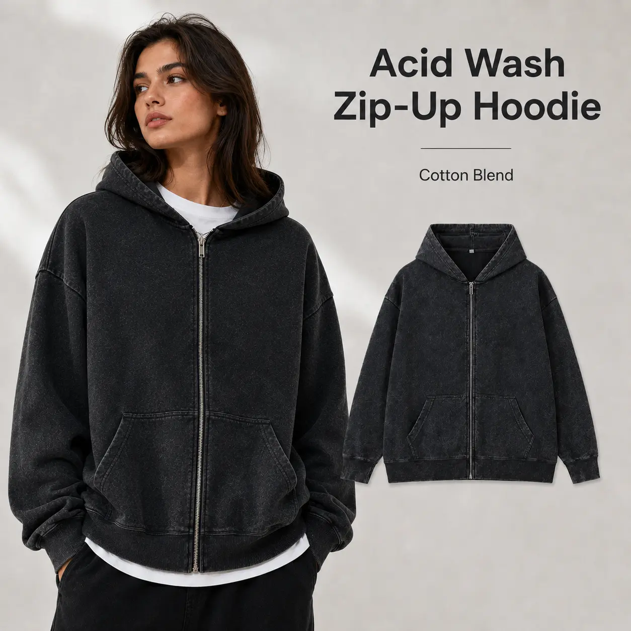 2-Pack Zip Up Hoodies for Women, Oversized Acid Wash Vintage Hooded Sweatshirts, Cotton Blend Casual Streetwear Jackets with Pockets
