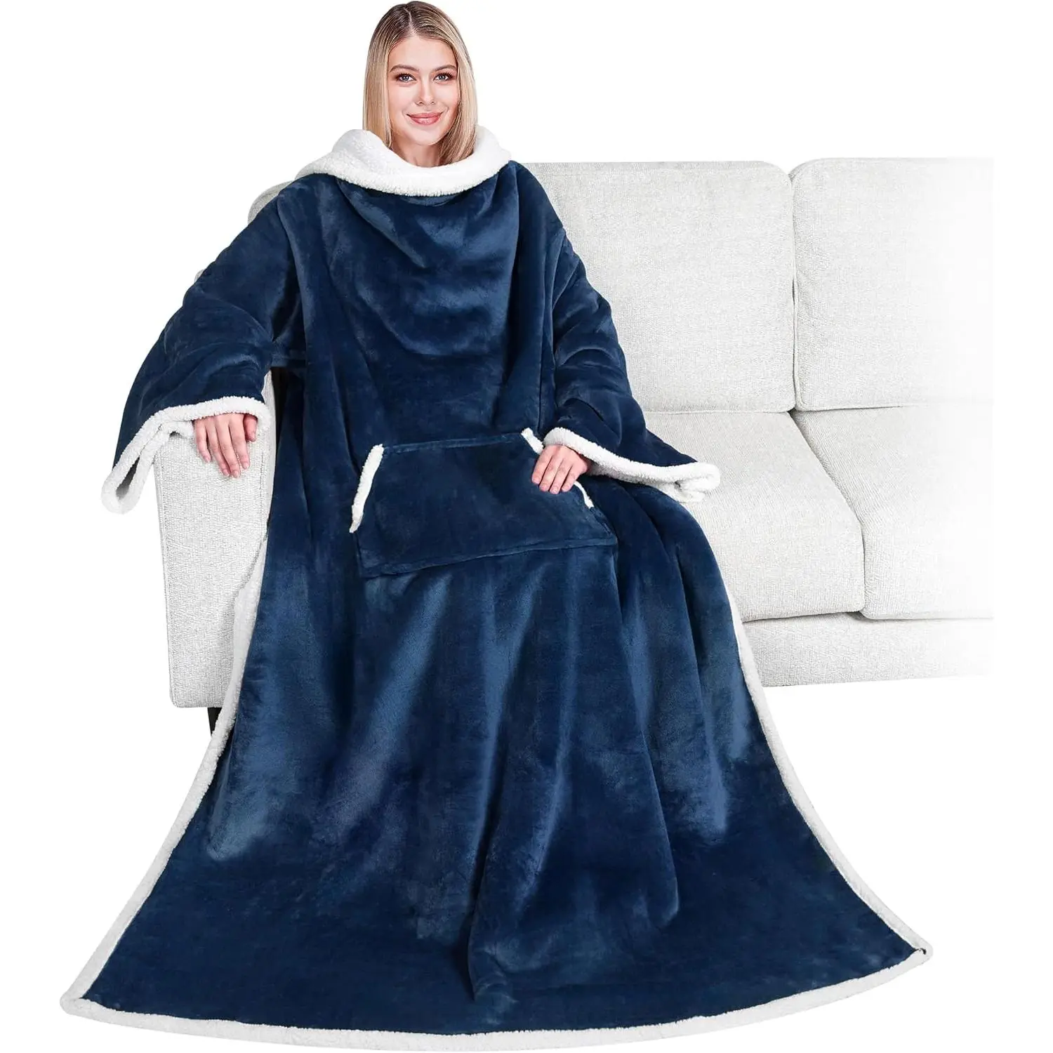 Sherpa Wearable Blanket with Sleeves and Pocket, Plush Thick Cozy  Blanket Wrap for Adult Women Men, Christmas  for Wife Mom, Navy Blue