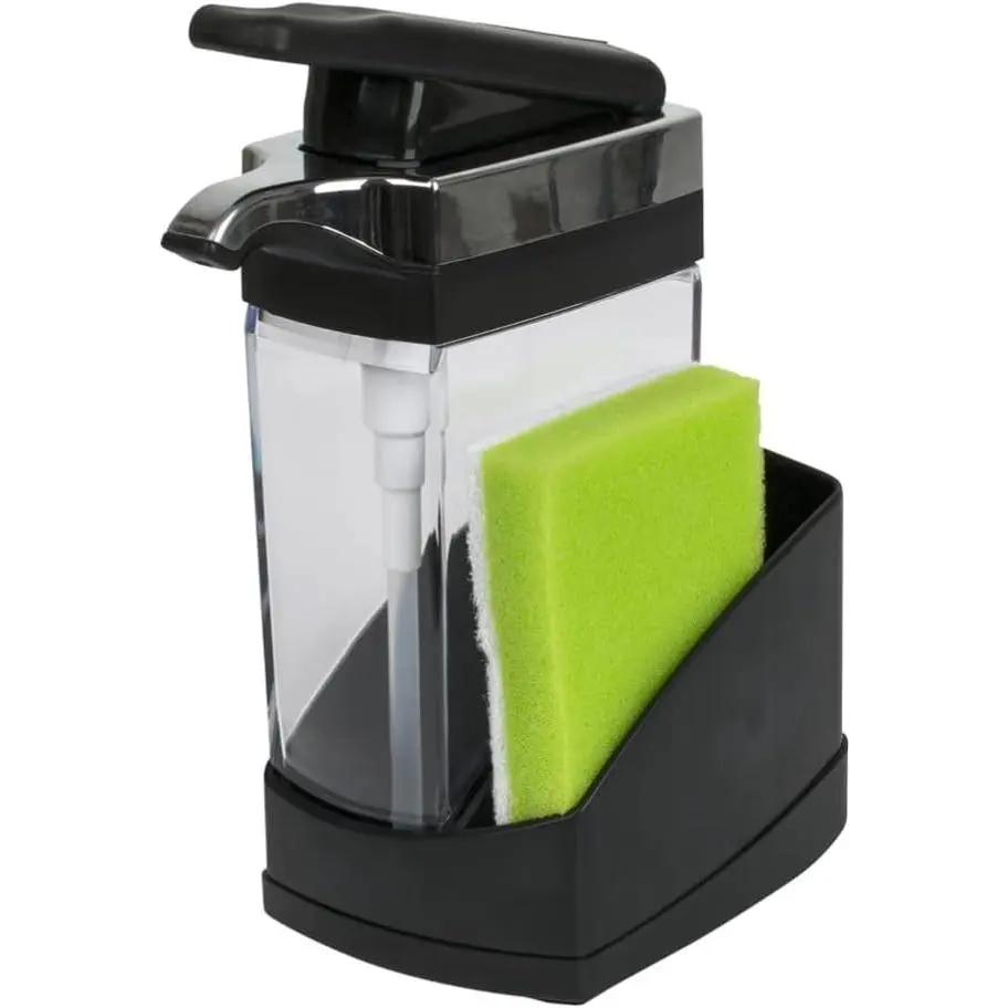 Sink Sider Solo Kitchen Soap Pump and Sponge Caddy, Black/Chrome - 2-in-1 Soap and Sponge Caddy, One-Hand Soap Dispensing, Ergonomic Design, Easy to Refill and Clean, Efficient Size