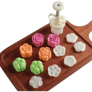 Moon Cake Mold Chinese Mid-autumn Festival Cookie Stamp Set Thickness Adjustable 50g 6 Stamps Mooncake Shortbread Press DIY Decoration Hand Cutter Cake Polvoron Mold