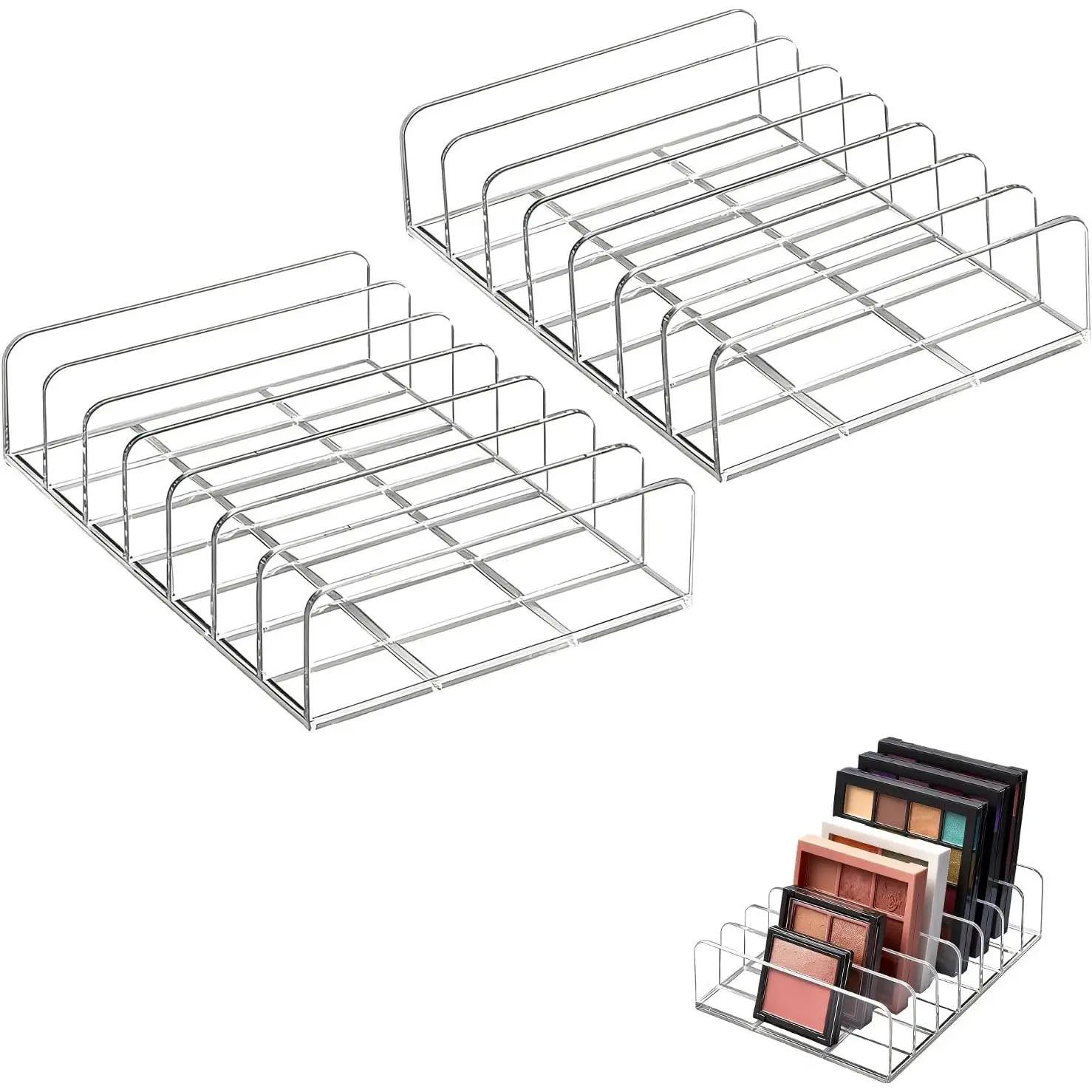 2-Pack Acrylic Makeup Palette Organizer, 7-Slot Eyeshadow Palette Storage, Clear Display Case for Vanity Drawer Countertop, Cosmetic Organizer for Makeup Brushes, Lipstick, Blush Kits