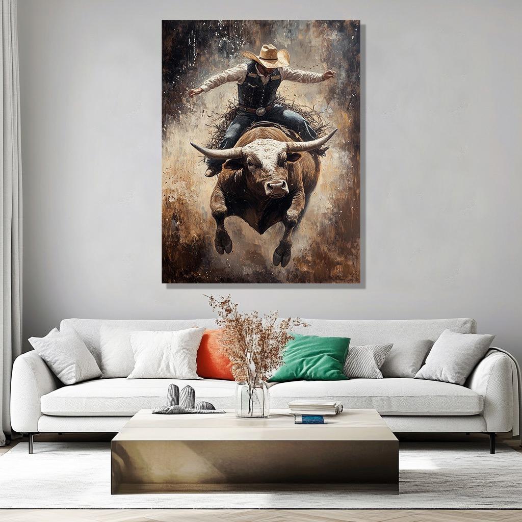 Cowboy Riding a Powerful Brown and White Bull Canvas Painting  for Living Room Bedroom Wall Art Decorative Mural Gift