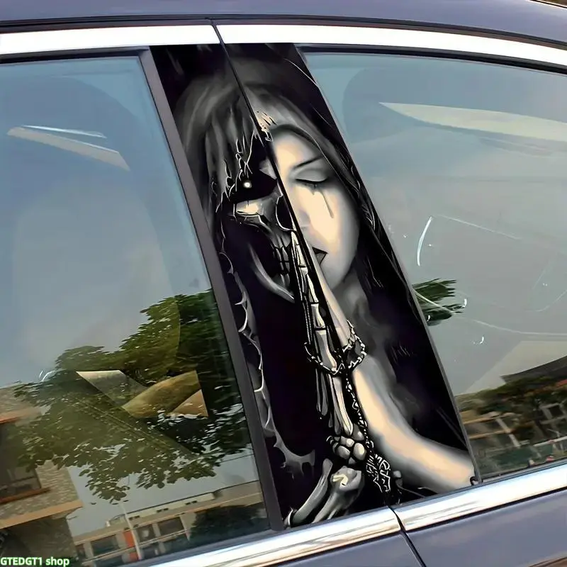 Gothic Split Half Skull Beauty Car B Pillar Vinyl Sticker, Dark Skeleton Lady Self-Adhesive Water-Resistant Decal, Vertical Automobile Vehicle Decoration Accessory for Custom Modification Styling, Vehicles, Waterproof, Split Skull, Customize, Peel Stick,,