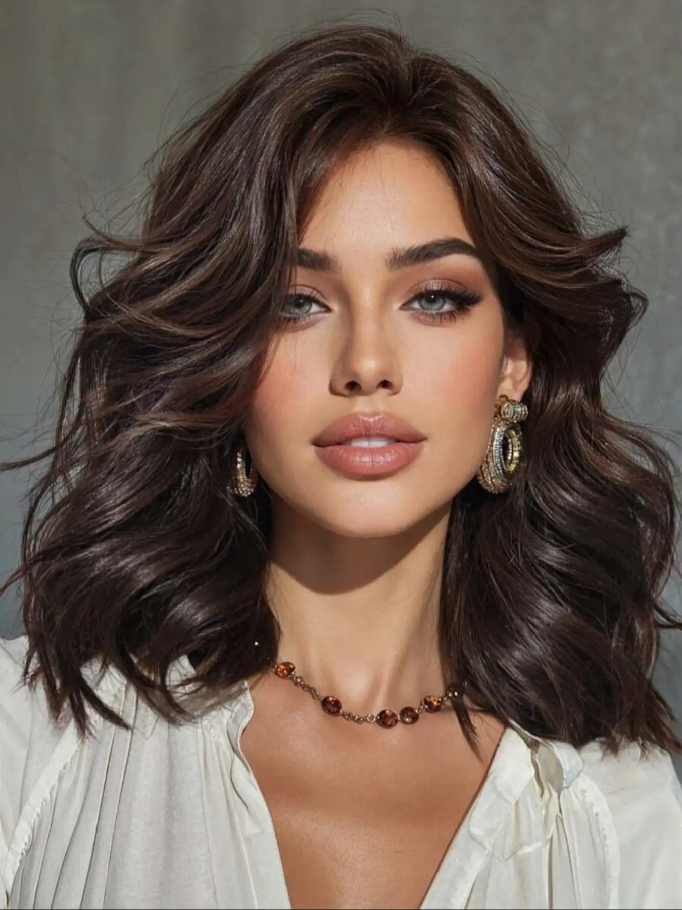 Synthetic Wig, Dark Chestnut Brown Middle Part Flip Out Shoulder Length, Hair Wig