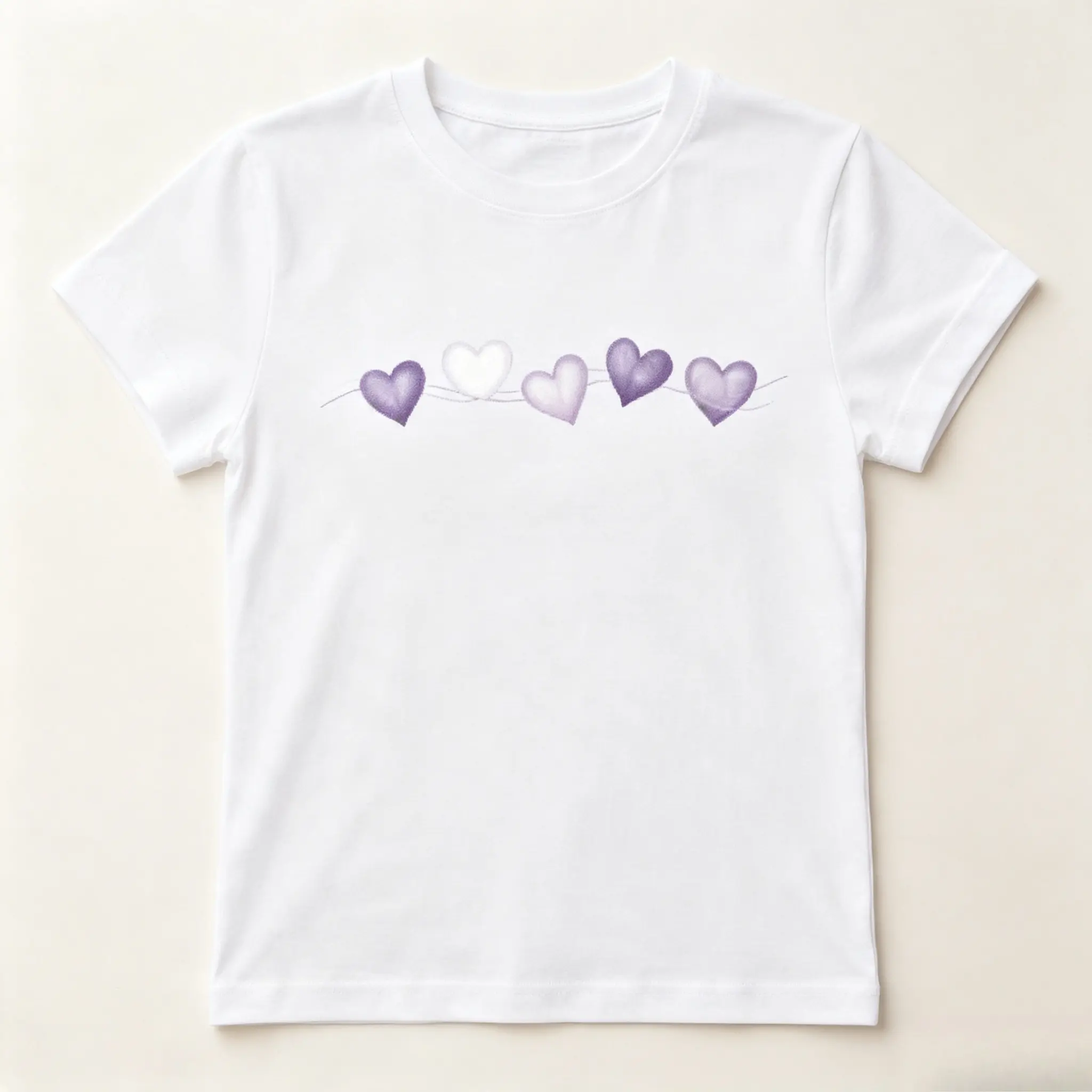 Purple Gradient String Hearts Graphic Cotton T‑Shirt, Oversized Comfort Fashion Outfit, Cute Soft Romantic Casual Top, Great Valentine’s Day Holiday Gift for Her & Loved Friends