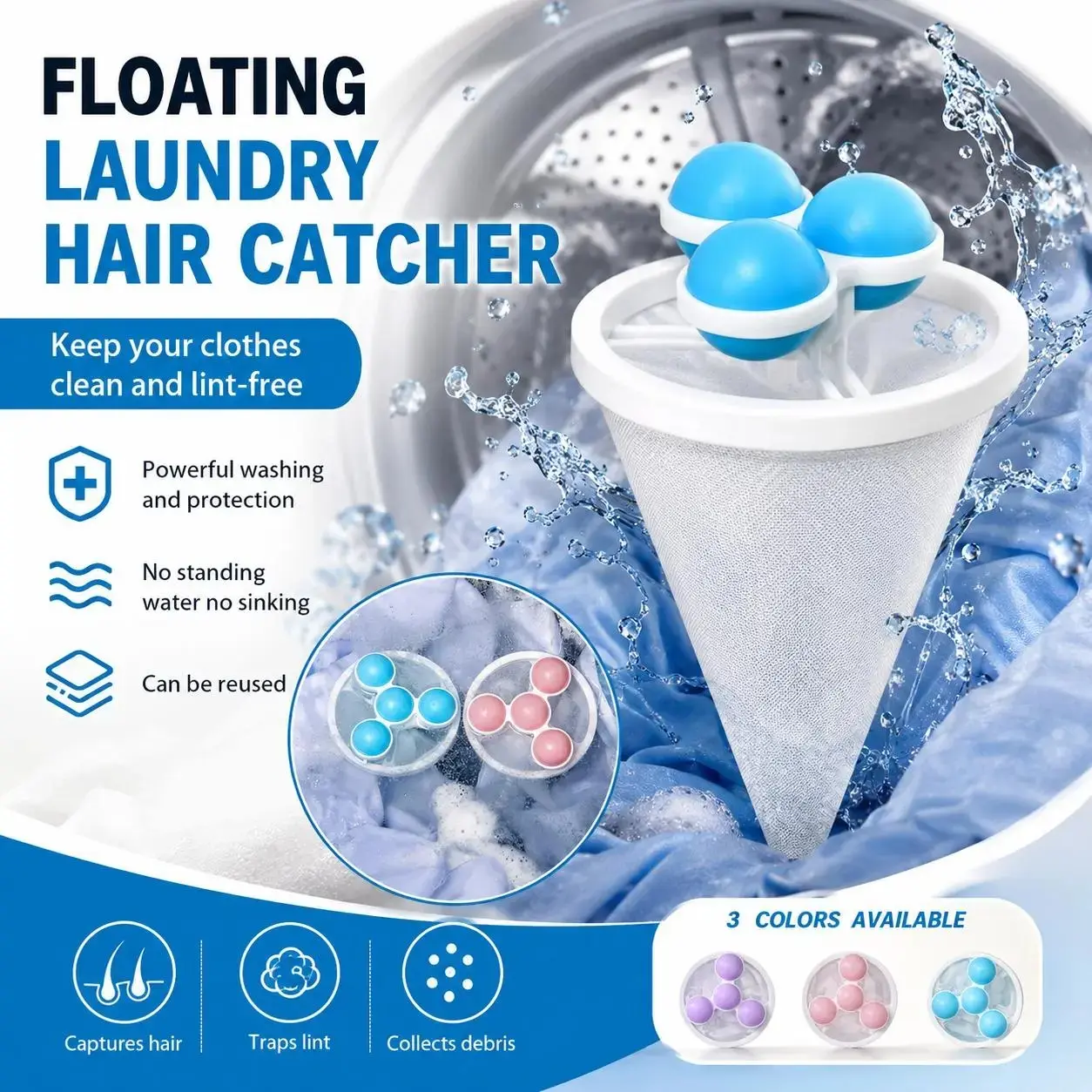 Reusable Washing Machine Hair Filter Bags, Pet Hair Collector and Debris Remover, Durable Mesh Laundry Filters, 3-Pack