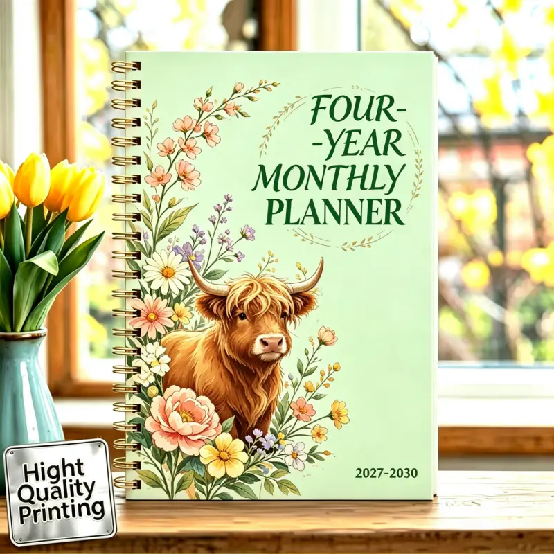 2027-2030 Monthly Planner/Calendar - January 2027 to December 2030, 4-Year Monthly Planner, Green Cover with Colorful Floral Highland Cow Theme Cover Design Notebook, Yearly and Daily Calendar Planning, Monthly Tabs, 48-Month Calendar, 5.5 x 8.3 Inches Th