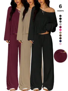 Women's 2/4 Piece Matching Lounge Set, off the Shoulder Long Sleeve Top, Drawstring Wide Leg Pants, Casual Sweatsuit, All Seasons