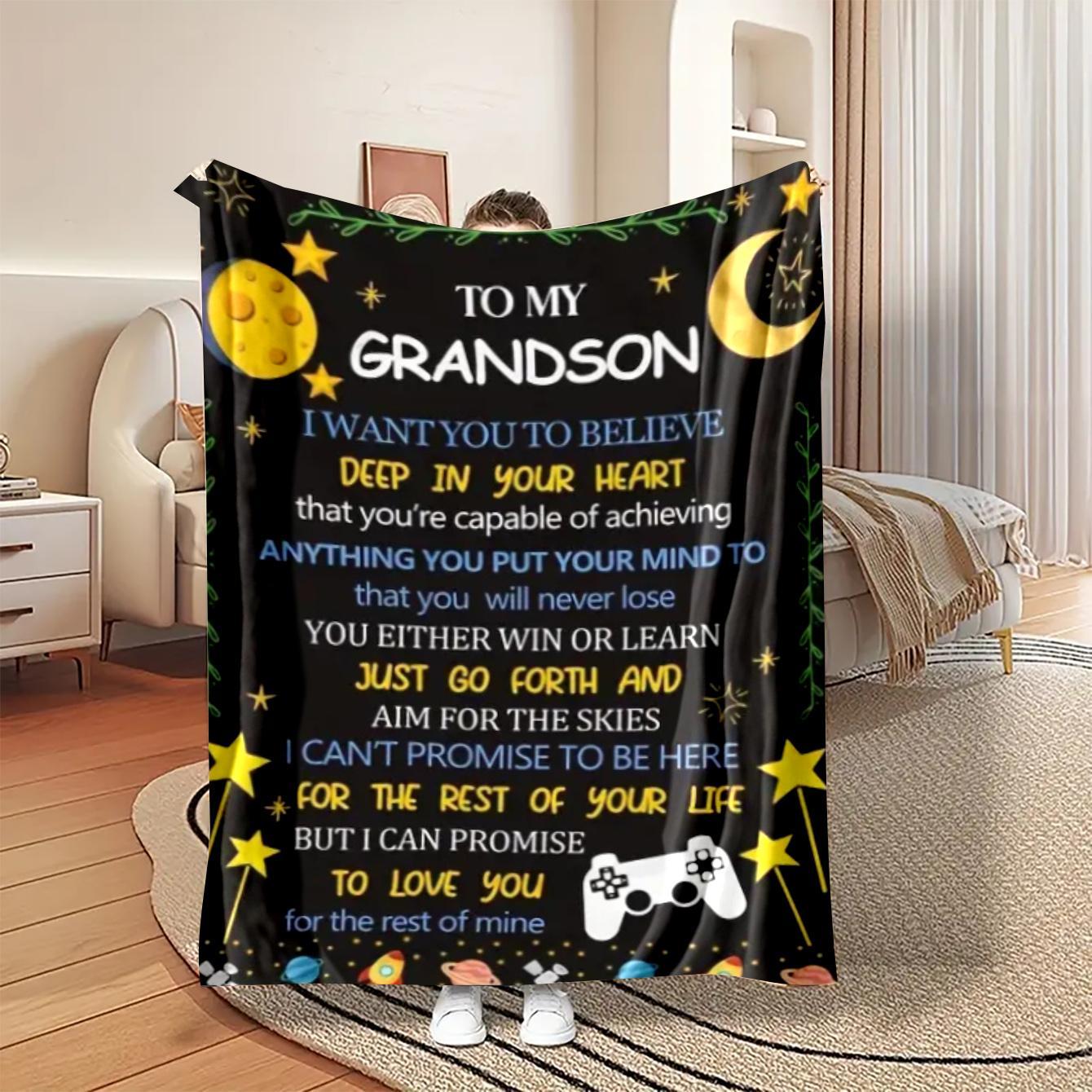 Letter To Grandson Pattern Flannel Blanket, Custom Flannel Blanket, 1 Count Soft Warm Throw Blanket, Air-conditioned Room Blanket, Warm Nap Blanket for Home Office Travel, Slogan Print Blanket, Inspirational Blanket