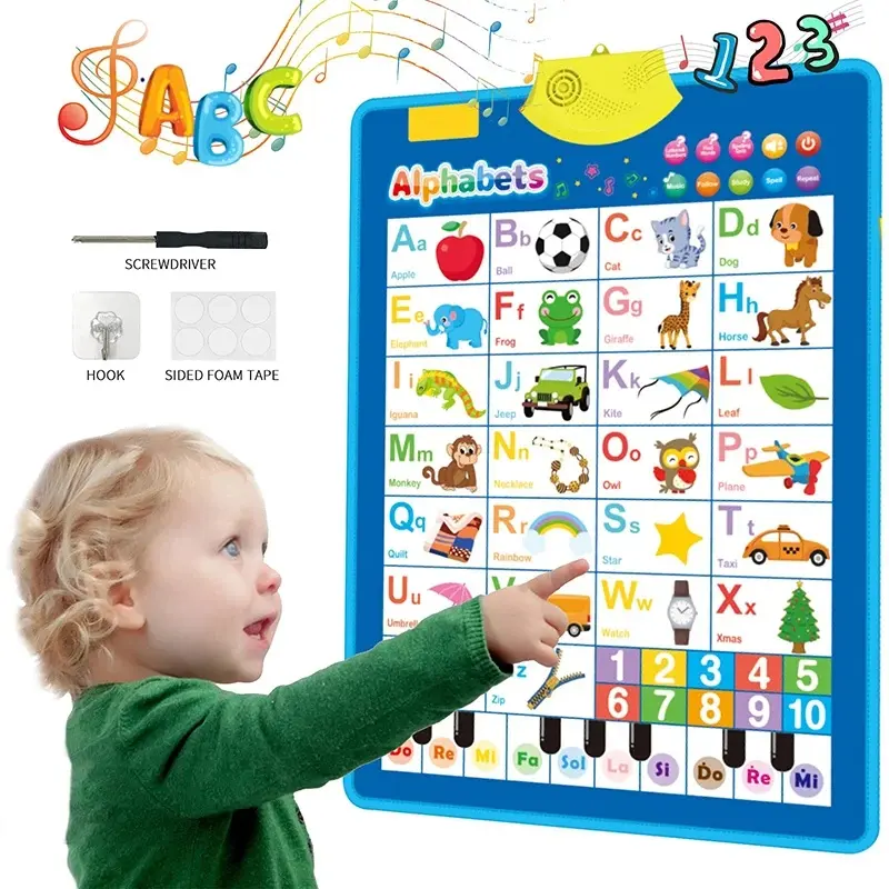 Talking Electronic English Alphabet Wall Chart - ABC Letters, 123s, Music Poster, Animals/Fruits, Unisex Names, Safe PVC-Free Educational Language Toddler Toy with Installation Tools for Kids Gifts