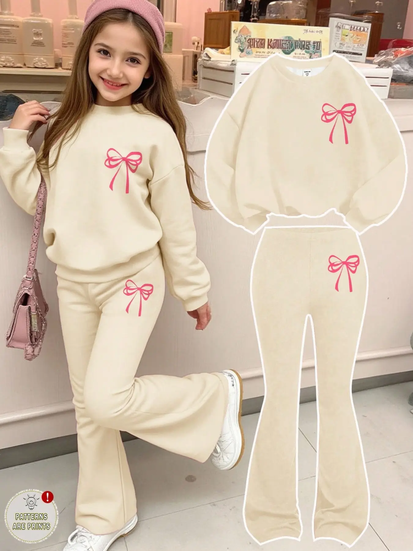 Girls' Bow Sweatshirt and Wide-Leg Pants Set, Sweet Korean Style, Soft Skin-Friendly Print Design, Daily for Fall & Winter