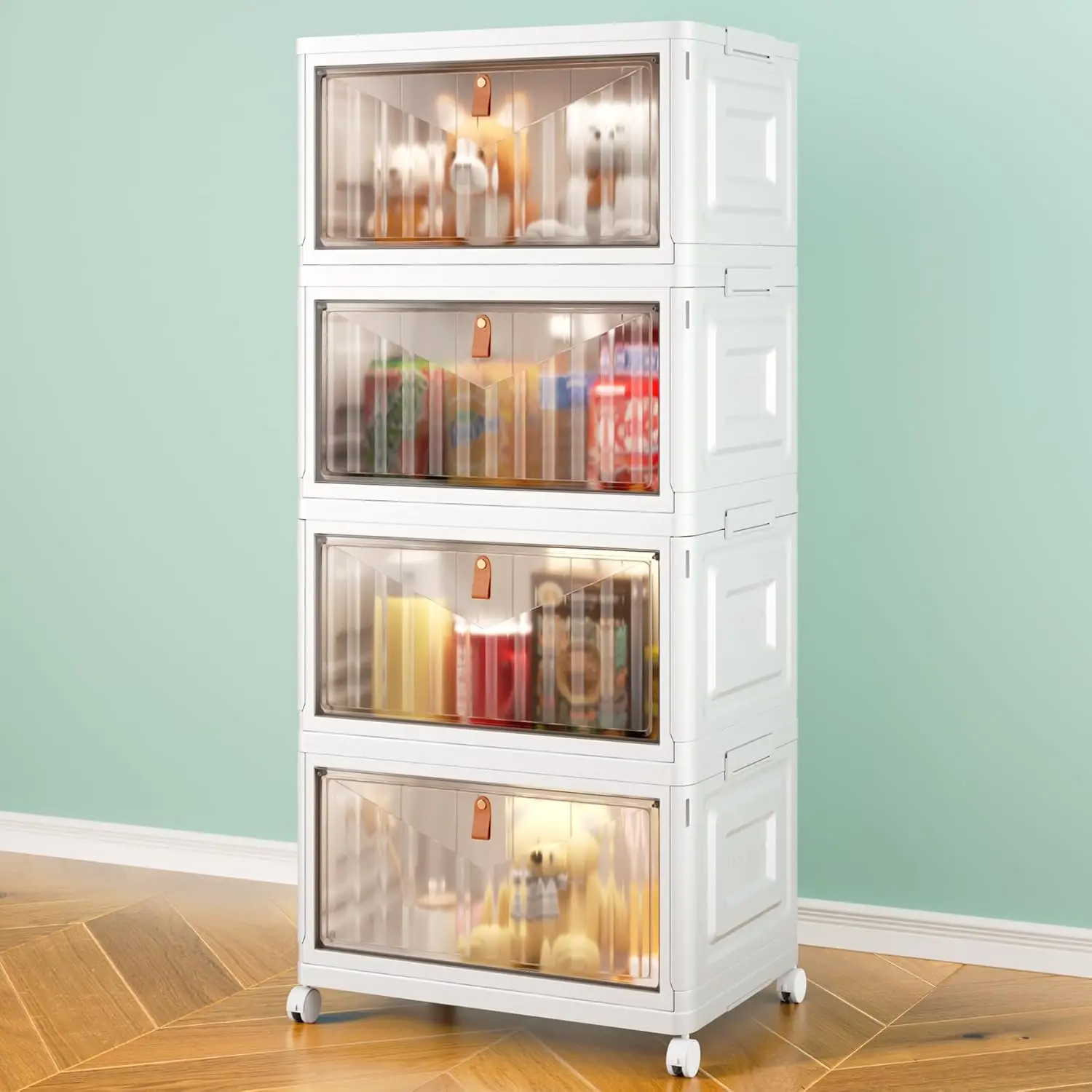 4 Tier 23QT Stackable Storage Bins with Lids & Buckles, Wheel-Equipped Collapsible Plastic Containers for Pet Supplies, Shoe, Book, Bedding Storage in Home & Office-White