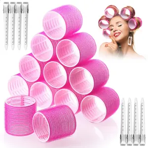 12Pcs 60mm Jumbo Self Grip Hair Curlers Rollers with 12Pcs Hair Clips, Suitable for Long Straight Thick Hair, Rose Red