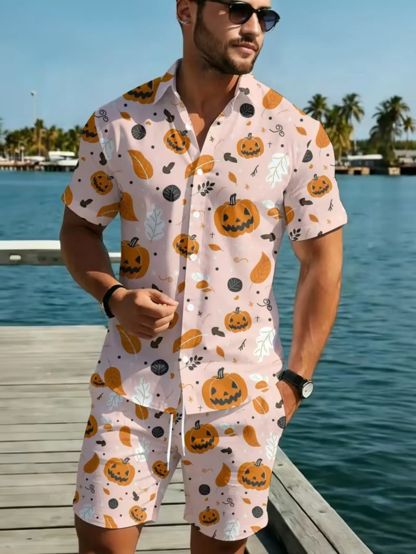 Men's Short Sleeve Shirt and Shorts Set, Halloween Pumpkin Print, Breathable, Beach, Poolside, Casual Party, Base, Accents
