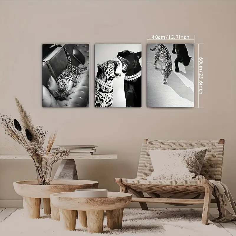 3pcs Framed Black And White Cheetah Canvas Wall Art Set - Retro Artistic Animal Print Home Supplies, Indoor Picture Image Prints for Bedroom, Living Room Decor