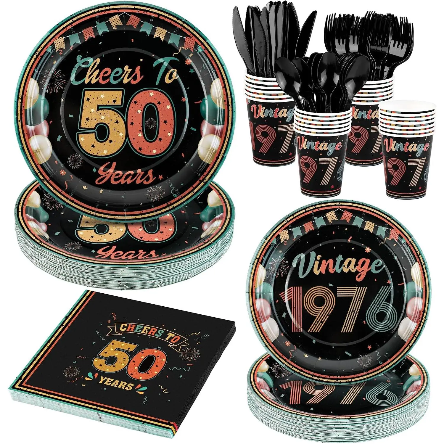175 count  50th Birthday Party Supplies Cheers to 50  Birthday Party Table Decoration  in 1976 Tableware Set 7 Inch & 9 Inch Paper Plates Napkins Cups Cutlery Serves 25