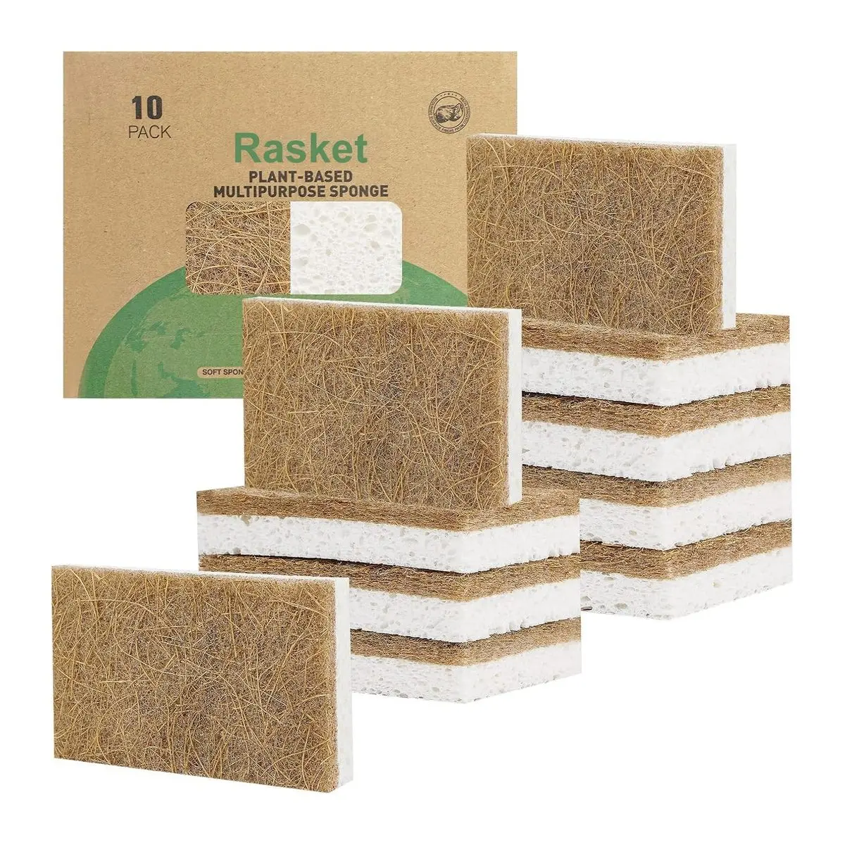 Compostable Cellulose and Coconut Walnut Scrubber Sponges for Dishes, 10 Pack Biodegradable Natural Kitchen Sponges, Eco Friendly Cleaning