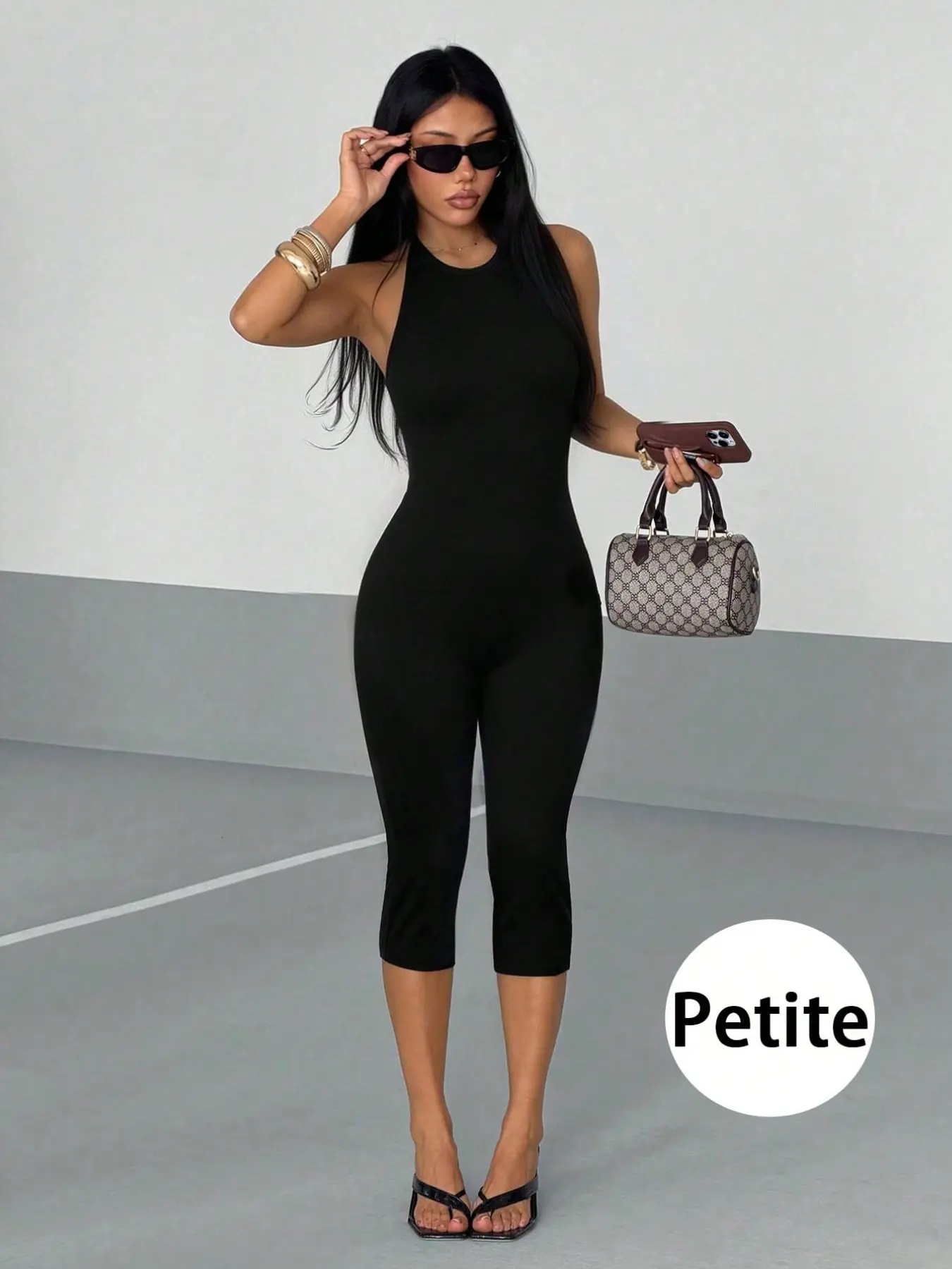 Y2K Short Body-Friendly Halter Neck One-Piece Pants, High Elasticity Shaping with Metal Accessories, Daily Coffee Shop