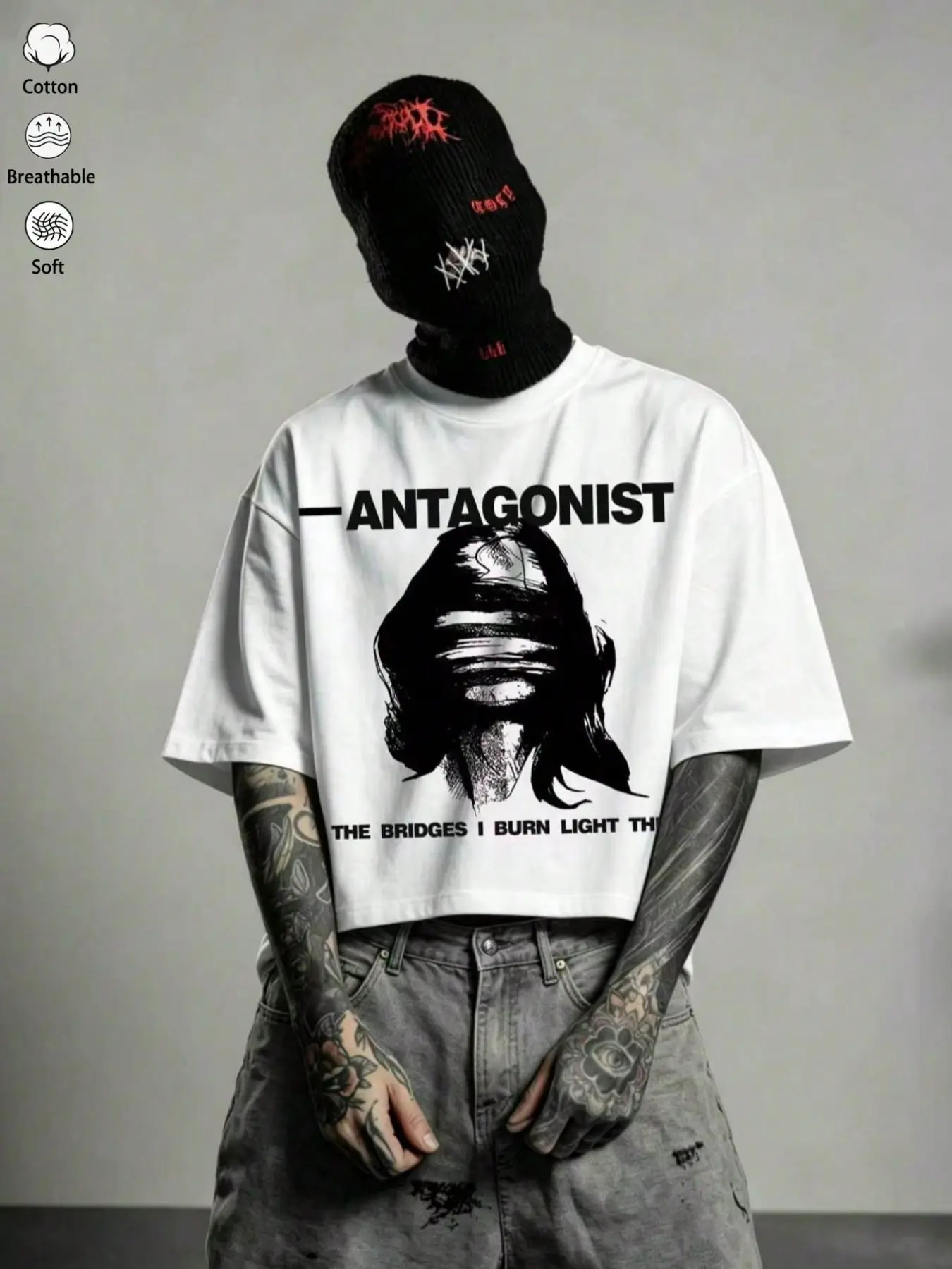 Men's T-Shirt Y2K Gothic Blindfolded Portrait Letter Graphic Printed Short Sleeve Crewneck Drop Shoulder Loose Fit Streetwear Top Gothic Grunge Tees