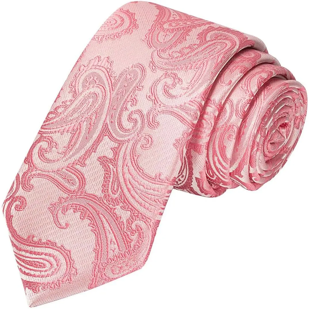 2.4'' Skinny Tie Rosy Pink Paisley Slim Necktie for Men + Gift Box