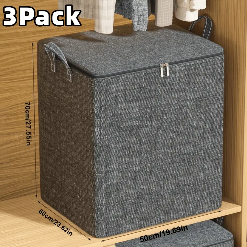 1/3 Package XXL Oversized Cloth Storage Box with Zippers and Handles, 70x60x50 Cm Foldable Linen Texture Clothing Organizer, Suitable for Wardrobe, Bedroom, Laundry Room, Dormitory - Perfect for Storing Clothing and Bedding