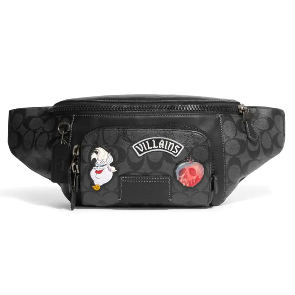 Coach x Disney Track Belt Bag for Women – Cartoon Logo Embellished Leather Waist Bag in Black