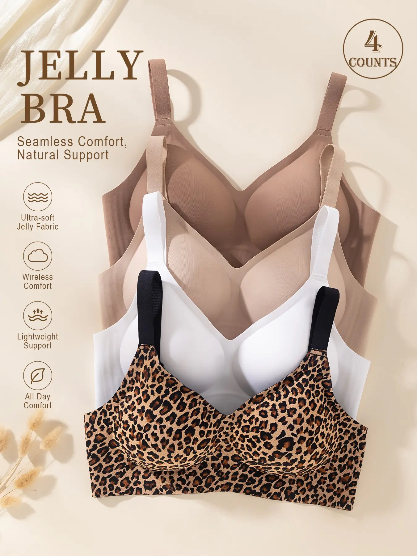 4 Pack Women's Jelly Bra, Padded Cup Underwear with Soft Fabric Design, 3 Row Back Hook Closure, Lightweight Comfortable Bra