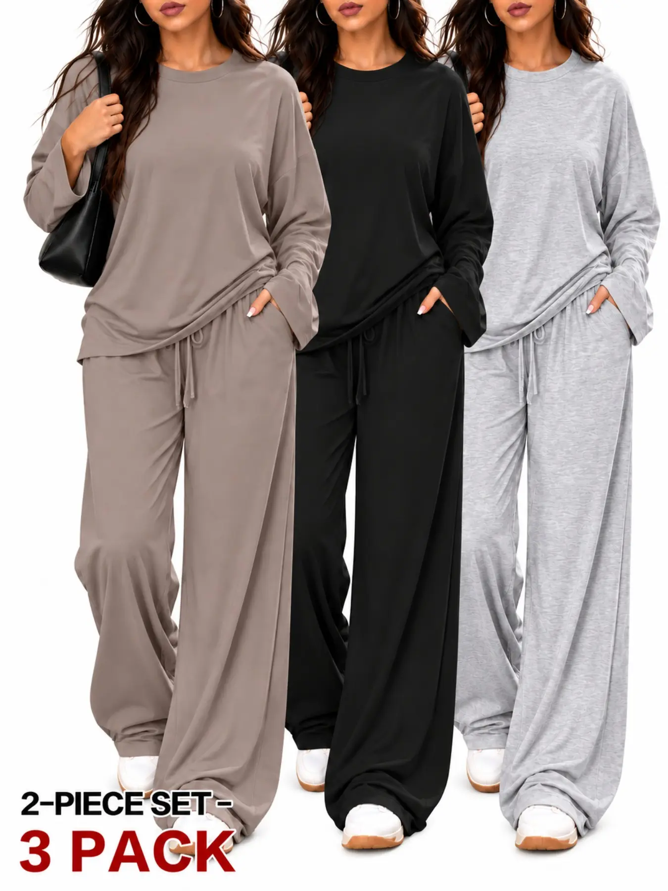 Women's Lounge Set with Oversized Crew Neck Long Sleeve Top and Drawstring Elastic Waist Wide Leg Pants, Relaxed Pajama Set, Everyday Loungewear with Chic Streetwear Style for Cozy Nights In, Casual Coffee Runs, Airport Travel and Easy Fall Layering