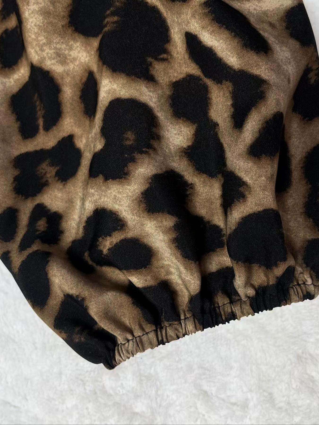 【Plus Size】 Leopard Print Notched Neck Dress, Casual Bishop Sleeve Dress for Spring & Fall, Women's Clothes for Daily Wear