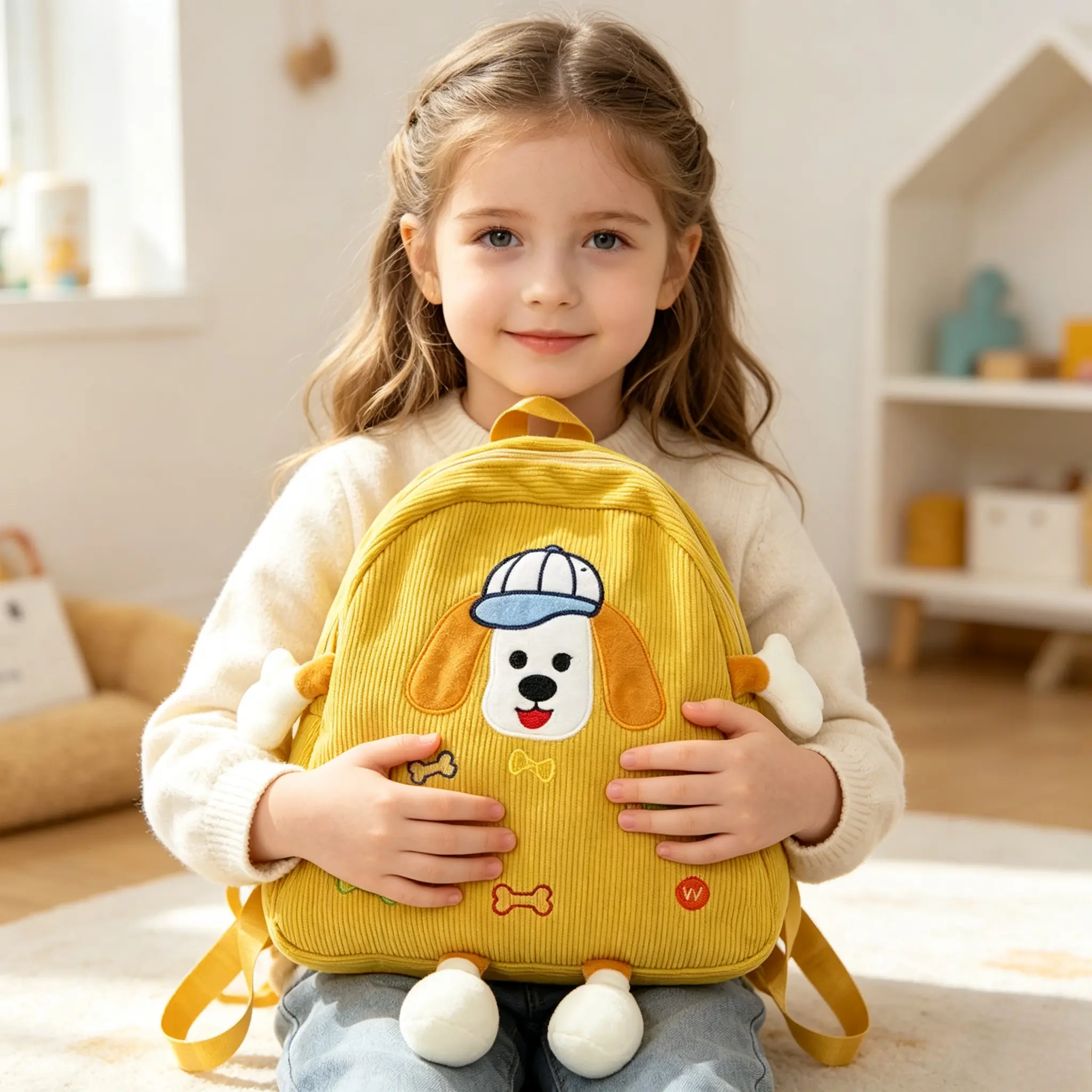 Cute Toddler Backpack, Corduroy Cartoon Dog Kids Backpack, 3D Plush Puppy Small School Bag for Little Girls Boys, Kindergarten Preschool Travel Backpack