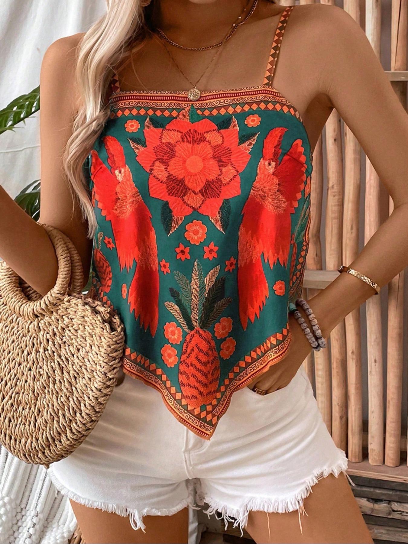 Women's Floral Print Cami Top, Boho Bohemian Sleeveless Top for Summer, Ladies Clothes for Daily Wear, Womenswear