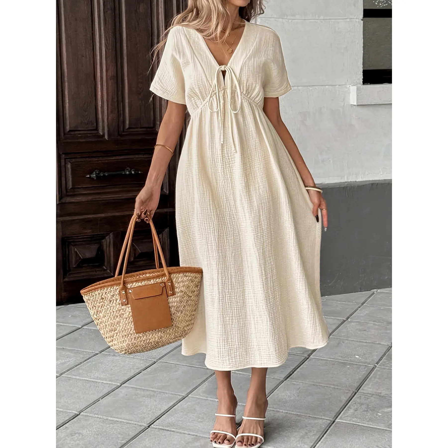 YF Women Deep V Neck Tie Front Midi Dress, Short Sleeve Textured Flowy Casual Sundress, Elastic Empire Waist Dress with Side Pockets for Summer Vacation Daily Outing, Cream Navy Blue Multi Sizes Beach