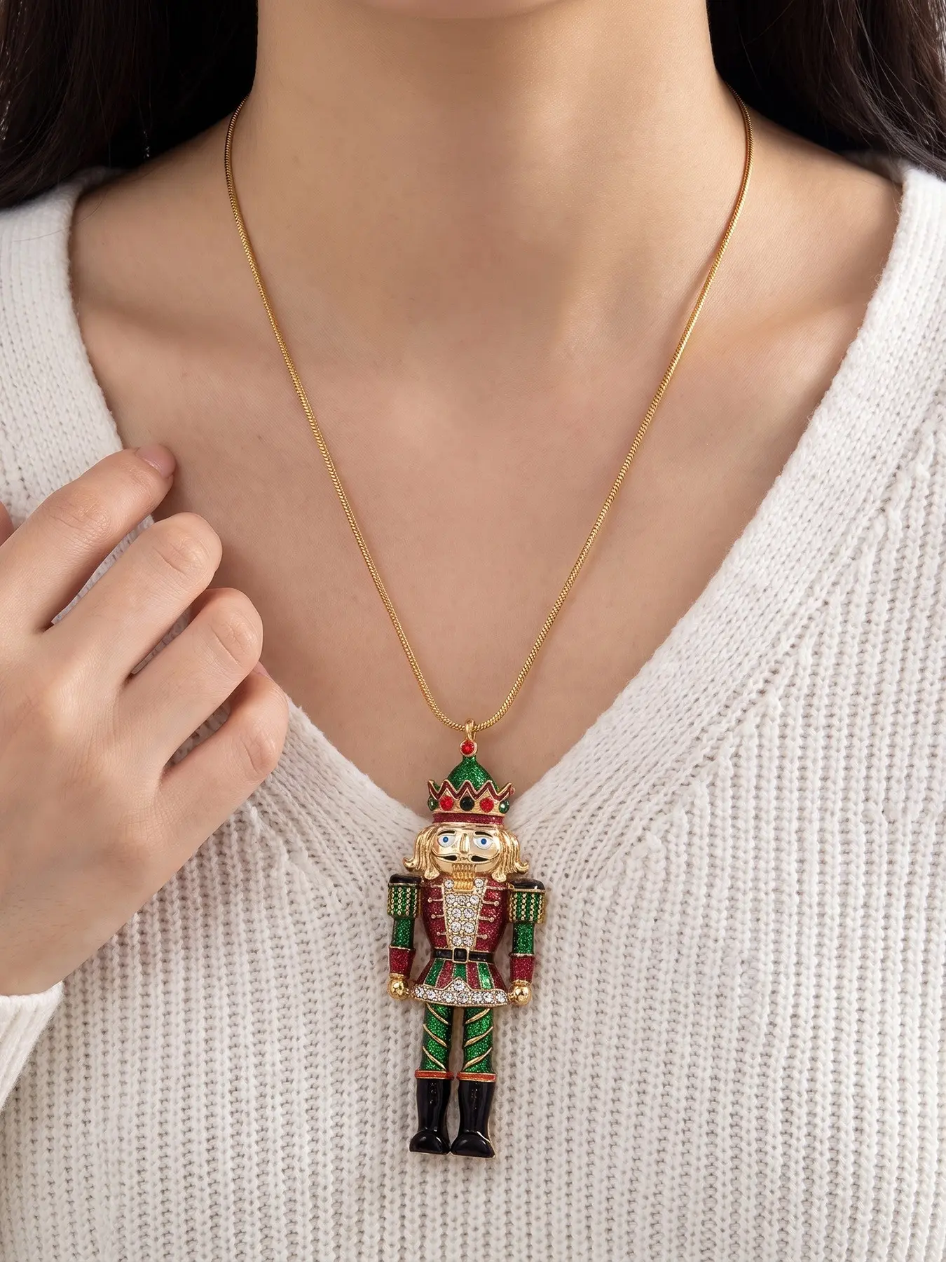 Christmas Soldier Nutcracker Necklace, Elegant Geometric Pattern, Stainless Steel Chain, All Seasons Jewelry, Batch Number Cm26001