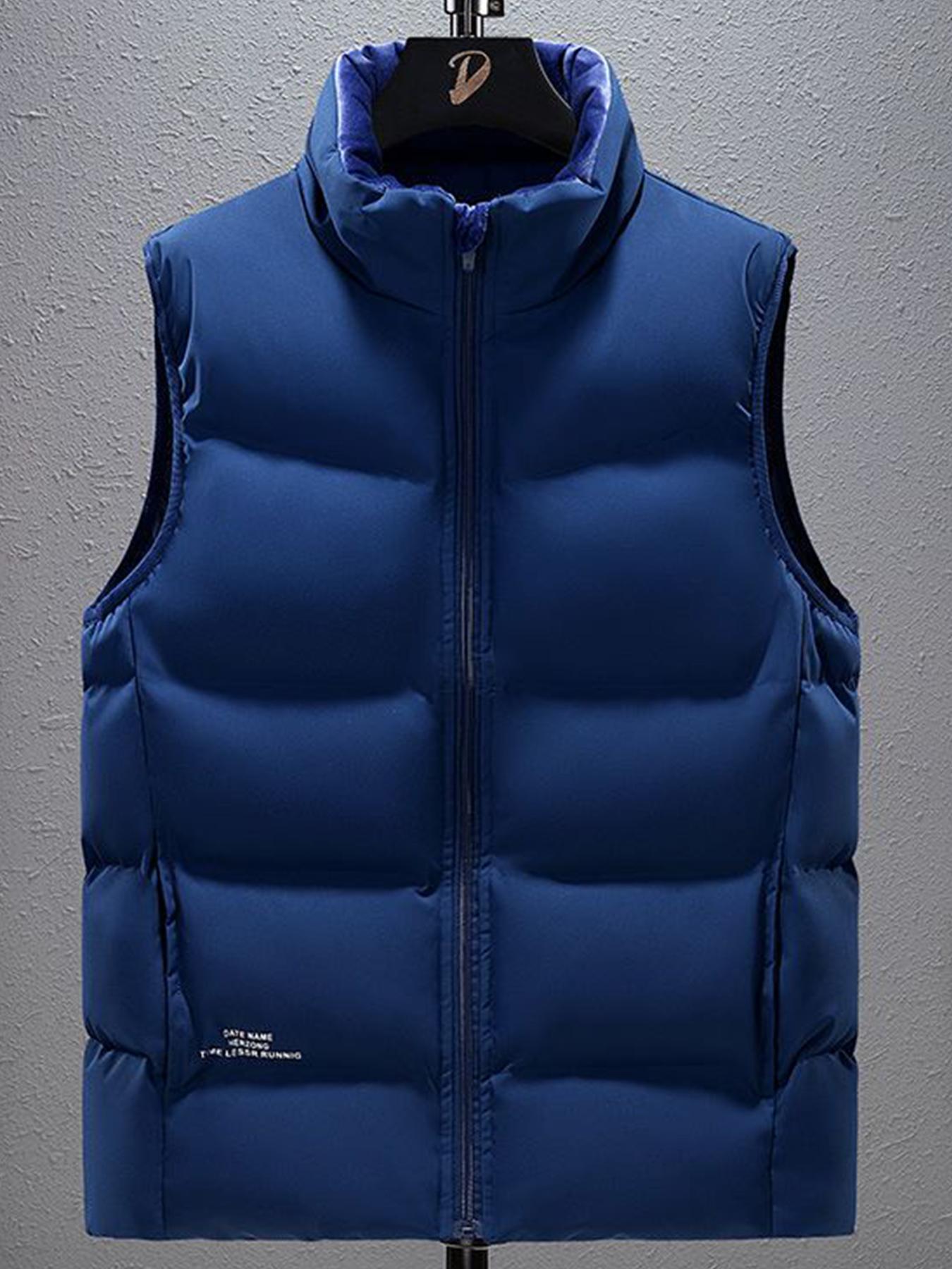 Men's Letter Print Zip Up Thermal Lined Puffer Vest Jacket, Loose Casual Comfy Sleeveless Outerwear for Fall & Winter, Men's Clothes for Daily Wear