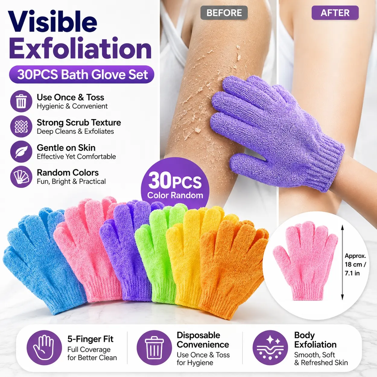 30 Pack Disposable Exfoliating Shower Gloves, Exfoliant Scrubber Glove, Bath Scrub Mitts with Textured Surface, Body Wash Accessories for Removing Dirt, Dead Skin, Spa Shower Cleaning Gloves for Women Men Bathroom Travel Use