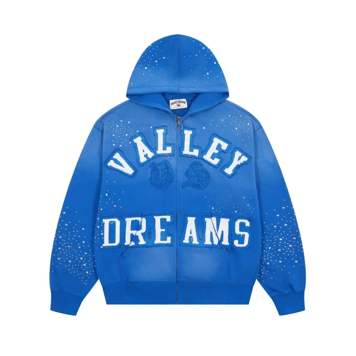 VALE Classico Black Zip Hoodie, Embroidered Patch Rhinestone Cotton Jacket, Vintage Washed Distressed Sweatshirt, Oversized Y2K Streetwear Outerwear Unisex